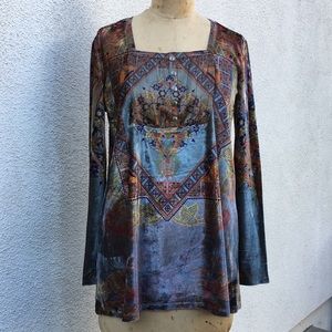 Velvet printed top with satin pleated front detail